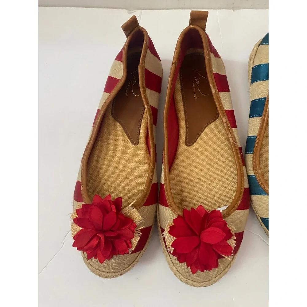 Lot of 2‎ Kim Rogers Striped Espadrille Flats Red Blue Nautical Flower Accents8
